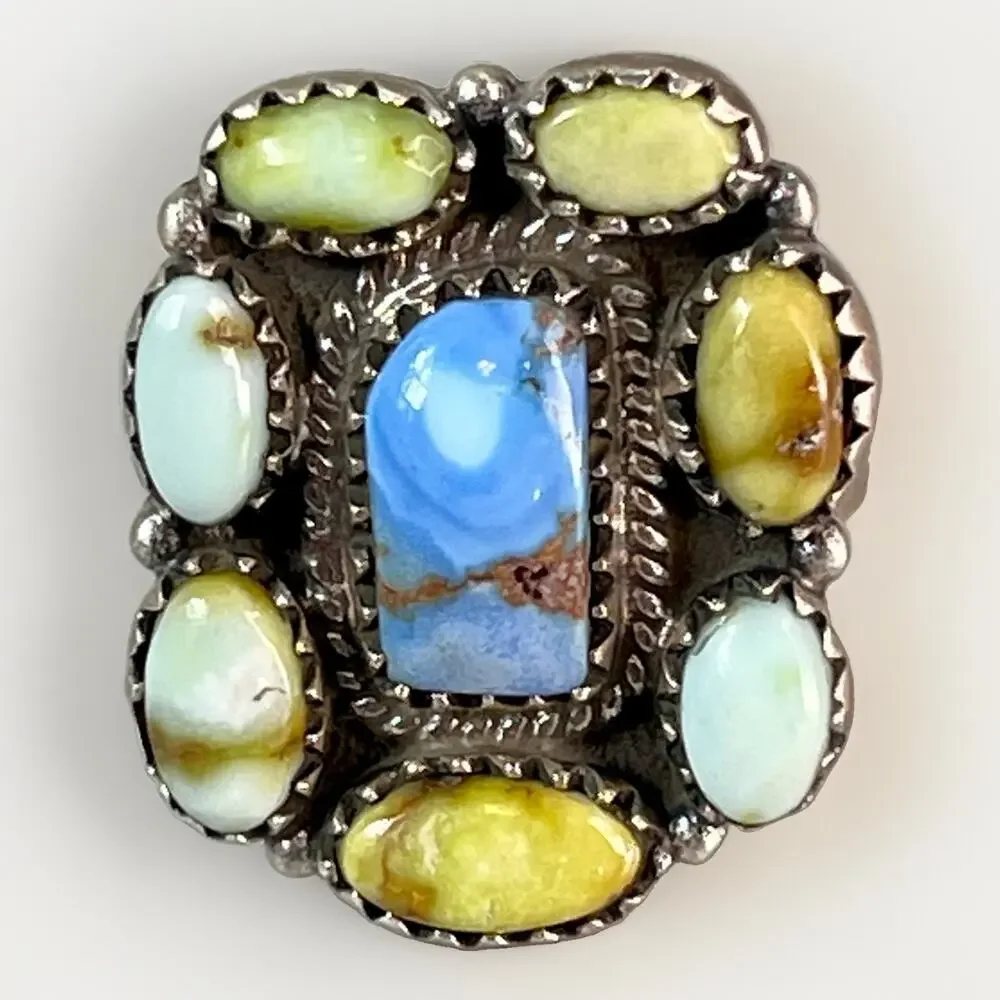 Southwestern Sterling Silver Mixed Turquoise Cluster Statement Ring Adjust Size